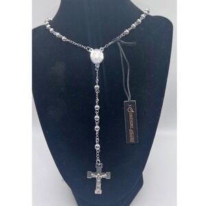 Anthony Jacobs Stainless Steel Rosary Necklace Silver Cross 28" Long